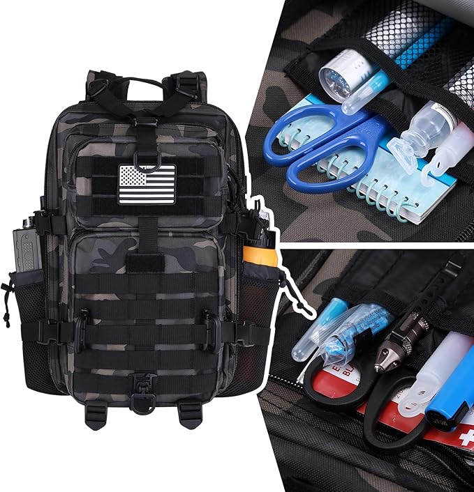 30L MOLLE Assault Pack, Tactical Backpack Military Army Camping Rucksack with Bottle Holder, 3-Day Pack, Black Camo