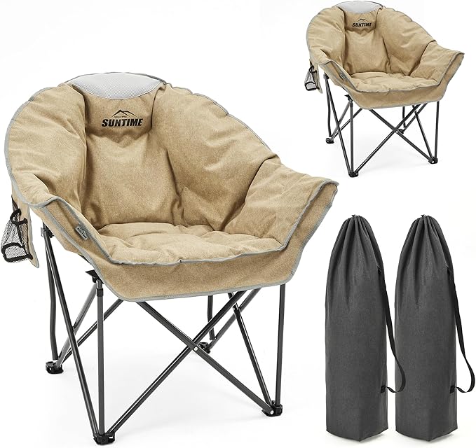 Oversized Padded Comfy Camping Chair for Adults, Portable Padded Lawn Chair, Weight Capacity 450 LBS, Heavy Duty Moon Leisure Folding Chair for Camping, Hiking, Carry Bag, Beige (2 Pack)