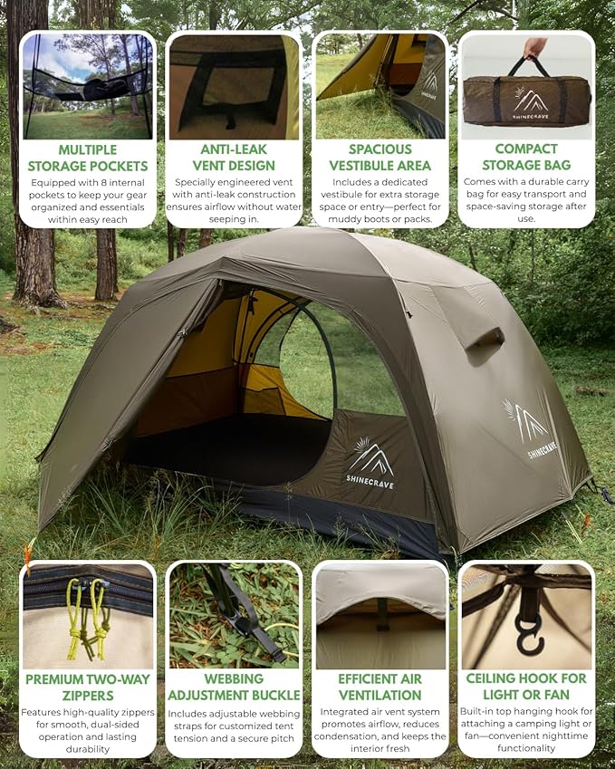 Camping Tent 2 Person,Ultra Large Capacity, 20D Nylon, Lightweight 3 Season Backpacking Tent 2 Person, PU3000mm, Free Standing, Ideal for Camping, Hiking, Glamping, Mountaineering