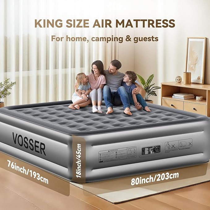 King Size Air Mattress with Built in Pump Raised,18’’King Air Mattress,Blow Up Mattress in 3 Mins,Self Inflatable Mattress for Camping,Floor&Travel,Portable Air Bed for Adults,750LB Max,Silver