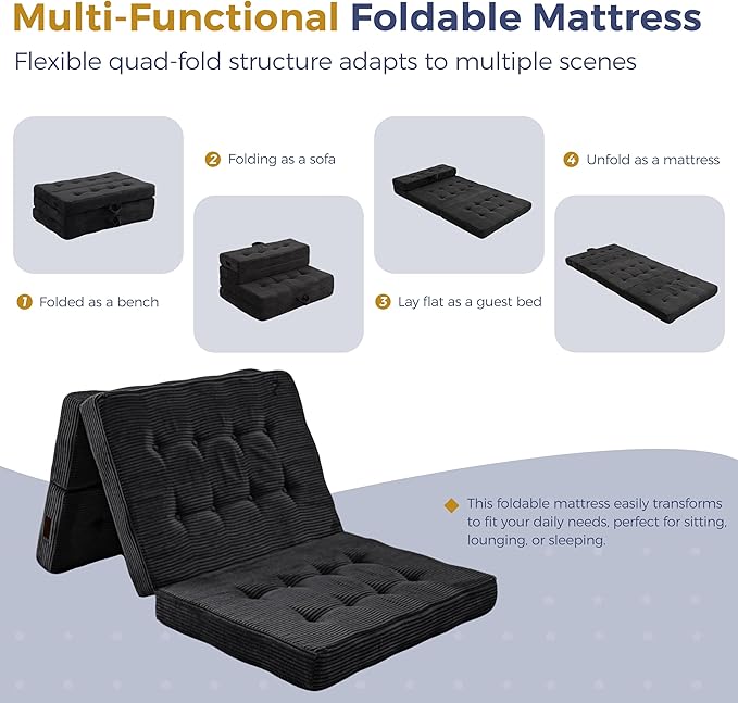MAXYOYO Folding Mattress, 4 Inch Tufted Foldable Mattress Full Foam Bed, Tri-Fold Floor Couch with Handles Guest Bed Topper Portable Camping Mat with Corded Fabric, Twin Size, Black