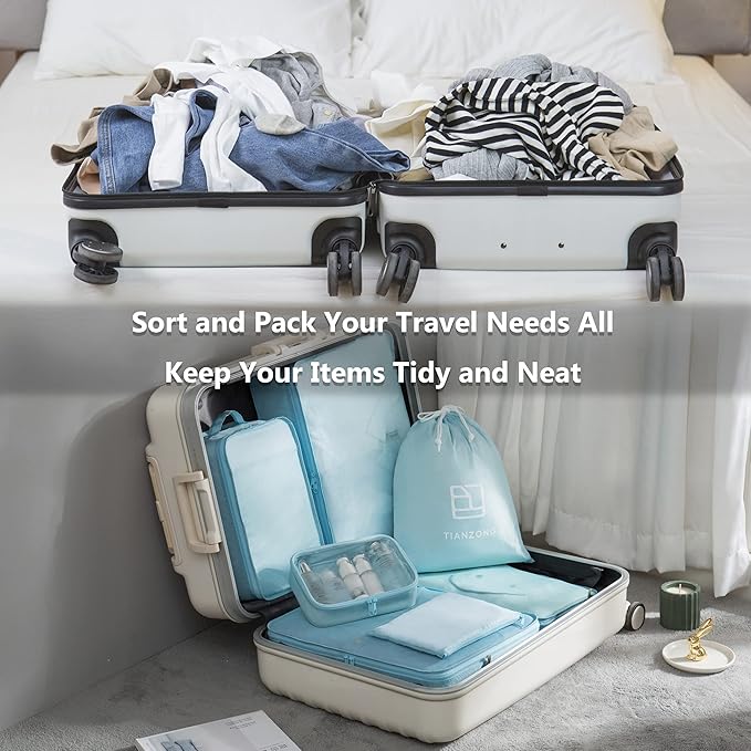 tianzong 7-piece Set Packing Cubes, Travel Bags for Luggage, Packing Organizers with Shoe Bag (Sky Blue with a Toiletry Bag)