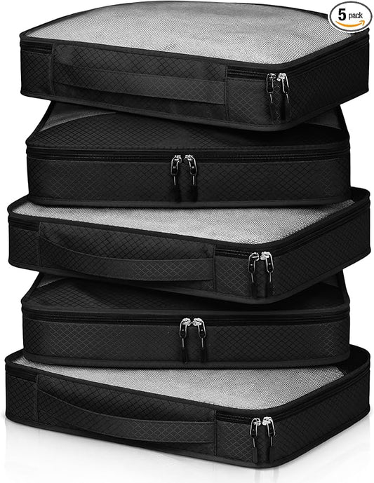 5 Pcs Packing Cubes for Suitcase Large Travel Cubes Carry on Luggage Organizer Bags for Clothes Accessories(M,Black)