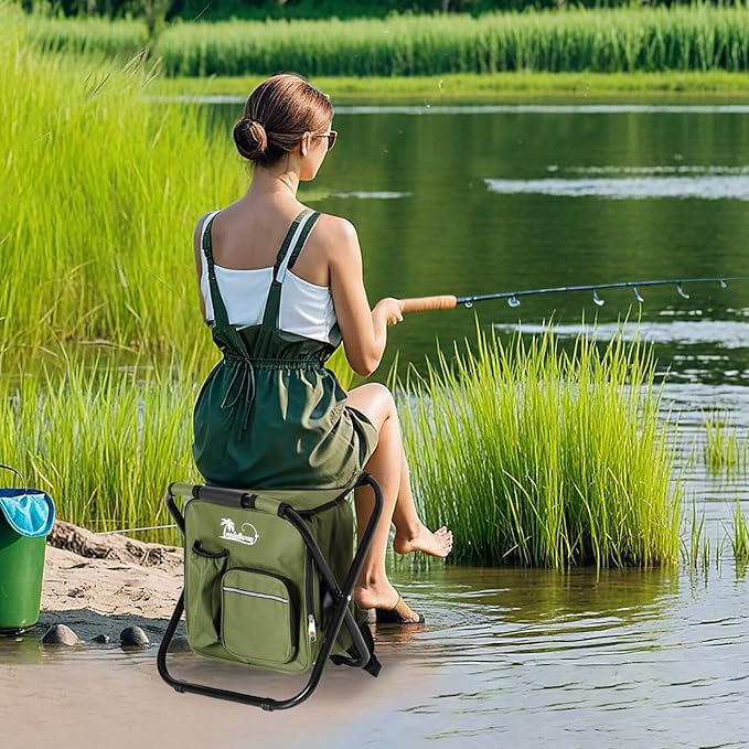 LEADALLWAY Backpack Fishing Chair with Cooler Bag Foldable Stool,Fishing Hunting Gifts for Men,Outdoor,Camping,Paints,BBQ,Beach,Picnic,Hiking,Concert,Green