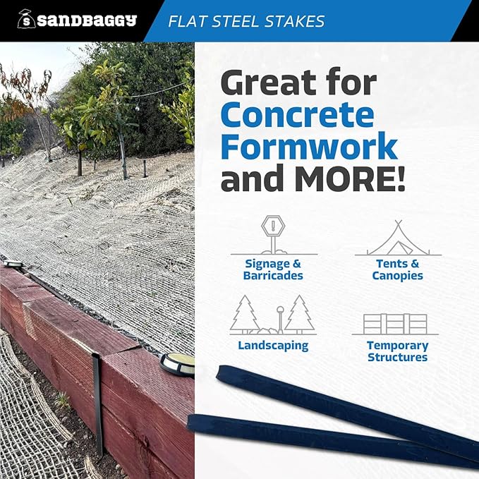 Sandbaggy Flat Steel Stakes for Concrete Forms with Nail Holes - 1.5" Wide - Painted - Removable, Reusable, V Point End - Construction Grade Stakes (100, 48 inch)