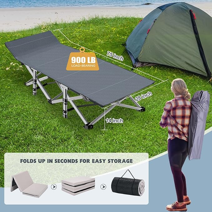 Slsy Camping Cot with 2" Memory Foam Mattress, Upgraded Padded Folding Cot Bed with Carry Bag, Portable Sleeping Cot for Camping, Travel, Beach & Hiking