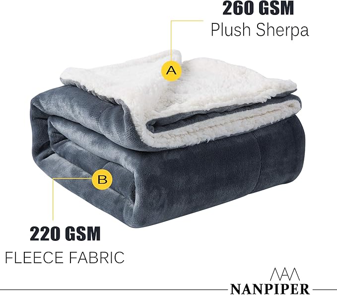 NANPIPER Sherpa Blanket Twin Warm Bed Blanket for Winter Cozy Soft Fuzzy Couch Throw Flannel Fleece/Wool Like Reversible Plush Blanket (Grey Twin Size 60"x80")