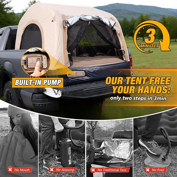 Electric Inflatable Truck Bed Tent with Mattress, Waterproof PU2000mm with Air Pump Pickup Truck Tent, Fits 5.5-6.7FT Full Size Short Bed, All-in-One Quick Setup Truck Tent for Camping