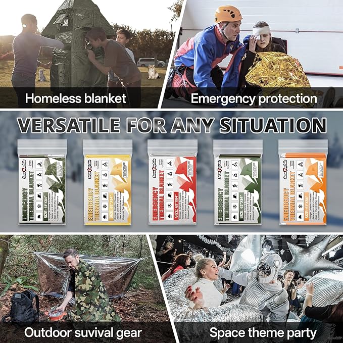 SecuCaptain Survival Emergency Thermal Blankets: Thicken 28um Space Mylar Blanket Kit for Outdoor Cold Winter Camping, Hiking, Car Bug Out Bag, or First Aid - Woodland Camo 4 Pack