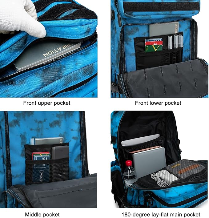 Military Tactical Backpack 45L Bug Out Bag Assault Pack Molle Daypack Hiking Gym Rucksack with Bottle Holder(Blue tie dye)
