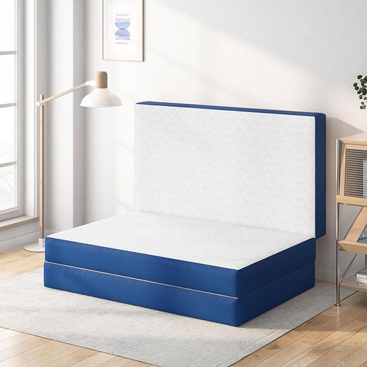6 Inch Gel Memory Foam Mattress Twin Size, Portable Tri-Folding Mattress with Washable Cover, for Guest Bed, Camping, Travel, Dormitory, White & Blue