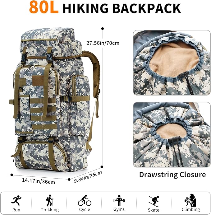 Hiking Backpack Tactical Backpack for Men Women, 80L Military Backpack Rucksack Waterproof Large Travel Camping Backpack for Men, Molle Rucksack Outdoor Travel Cycling Daypack (City Camo)