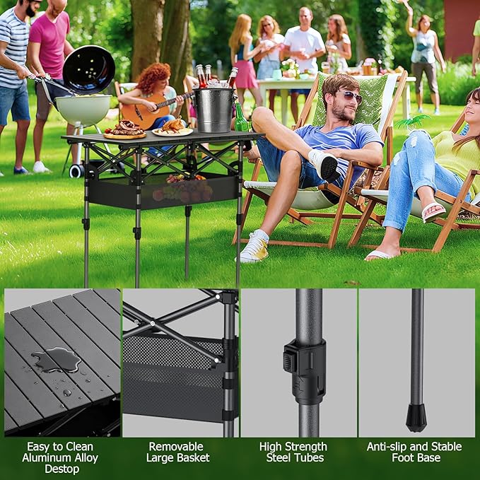 Folding Camping Table Portable Pinic Table 2 Level Height Adjustable Roll-up Tables Aluminum Foldable Camp Table with Storage Bag 4-6 Person Large Tables for Outdoor Indoor Hiking Camp BBQ Beach