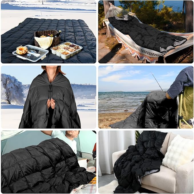 Down Camping Blanket, Muti-Use Outdoor Travel Blanket, Puffy Sleeping Bag Blanket, Waterproof Packable Backpacking Quilt for Camping, Travel, Airplane, Hiking, Picnic, 55''x79''