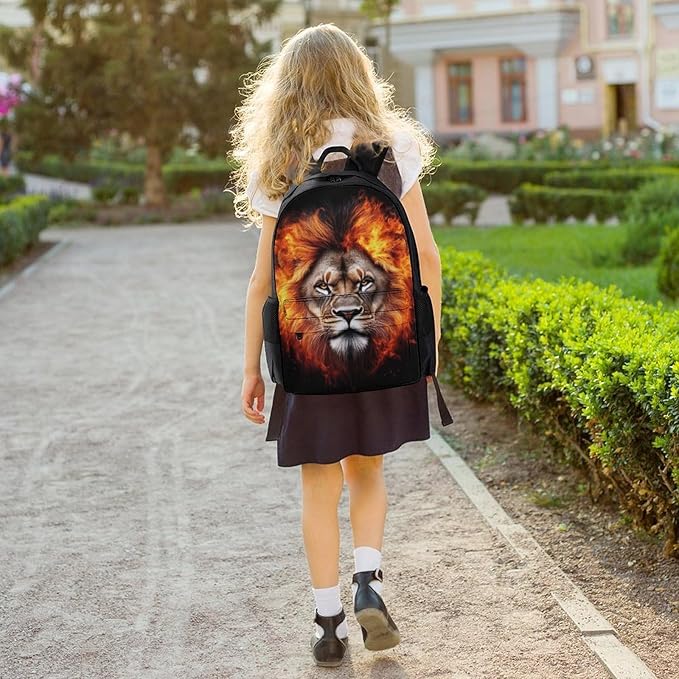 Men Women Polyester Cool Flaming Lion Fire Art Backpack Large Capacity Bookbag With Smooth Zippers for Climbing Picnic Bicycle
