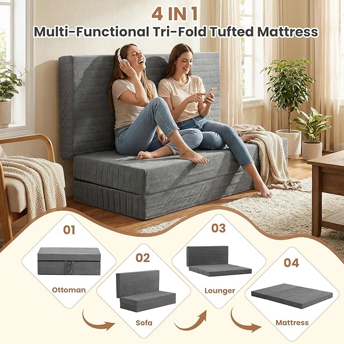 6-Inch Tri-Fold Mattress Queen Size, Covertible Bed Floor Futon Mattress with Handles & Non-Slip Bottom, Foldable Mattress with Removable Tufted for Guest, Camping, Dorm