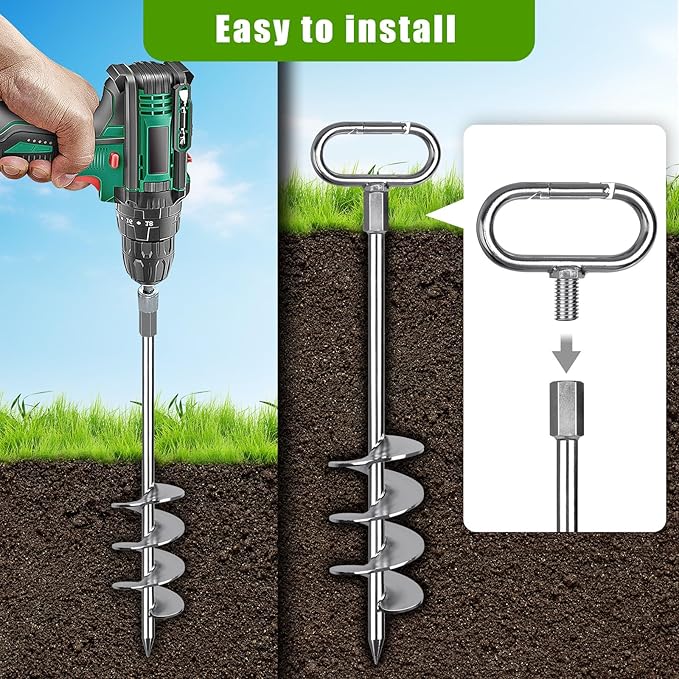 SELEWARE 17" Ground Anchors Screw in, 4 Pack Swing Set Ground Anchor Kit, High Wind Trampoline Stakes, Heavy Duty Wider Spiral Earth Anchor for Mobile Home, Tree, Tent, Shed, Carport, Securing Animals