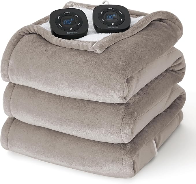 Bedsure Electric Blanket Queen Size - Dual Control Heated Blanket Queen, Fast Heating with 10 Time Settings & 10 Heat Settings, Warm Gift for Grandma (84x90 inches, Taupe)