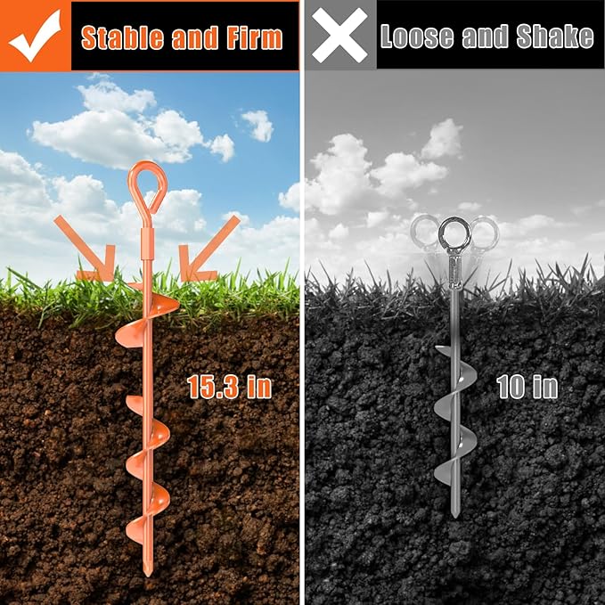 Eazy2hD 6 Pack Tent Stakes Heavy Duty, 15 Inch Ground Anchors Screw in, Metal High Winds Trampoline Stake with Nut and Tool, Spiral Anchor Kit for Camping, Shed, Swing Set, Canopy, Car Ports