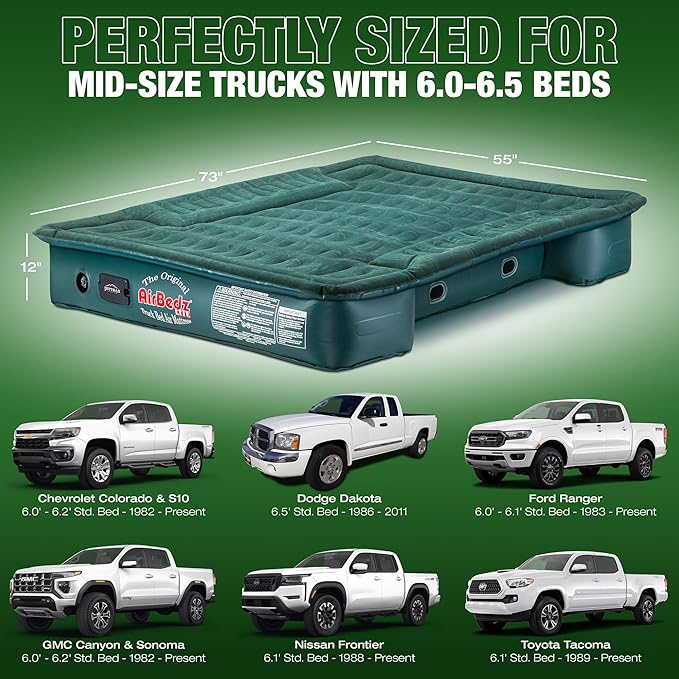 Pittman Truck Bed Air Mattress 6-6.5ft for Mid Size Short Pickups - AirBedz Inflatable Truck Bed Mattress fits The Tacoma, Colorado & More - Blow up Camper has 25% More Pickup Coverage - PPI203G2