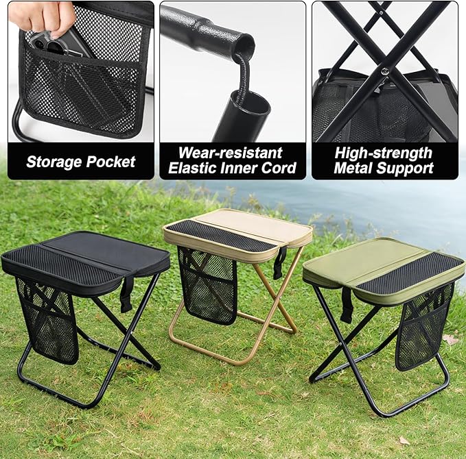 Foldable Backpack Stool for Adults - Portable Camping Stool with Sling Bag, 300lbs Capacity for Camping, Fishing, Hiking, Travel, Picnic (Black)