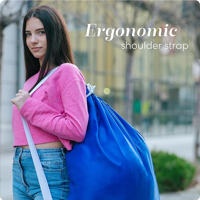 Handy Laundry Bag Shoulder Strap - Drawstring Locking Closure, Durable Nylon Material, Large Capacity, Heavy Duty Stitching - Perfect for Laundromat or College Dorm (Blue, 30" x 40")