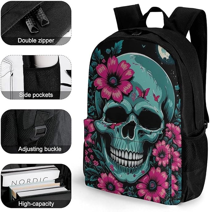 Supdreamc Polyester Daypack Backpack for Trekking Picnic Walking Cycling, Large Capacity Anti-Theft Multipurpose Shoulder Bag, Flowers Bird Cool Skull Casual Daypack