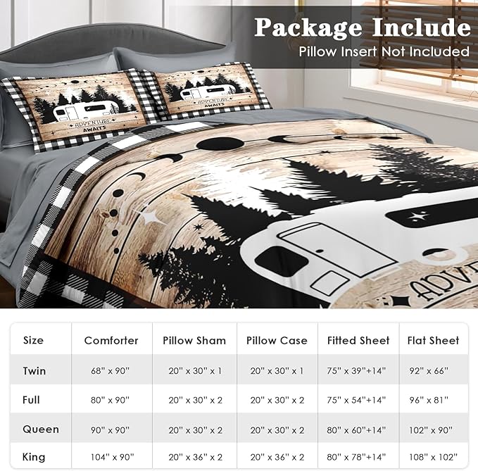 Comforter Set King Size, Camping Camper Rv 7 Pcs Bedding for Kids and Adults, Car Family Bed Sheet Sets with Fitted Sheet 2 Pillowcases & 2 Shams for Bedroom Bed Decor