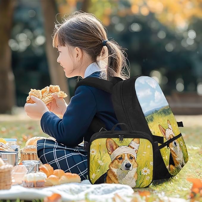 HUGS IDEA Corgi School Backpack for Girls 6-8 Cute Bookbag for Preschool Girls Kids Schoolbag with Lunchbox 17 Inch School Back Pack for Elementary Students Supplies