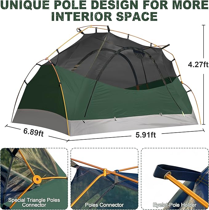 1-2 Person Backpacking Tent, Waterproof Windproof Two Person Tents for Camping & Hiking Double Doors Easy Setup UPF 50+ with 1 Vestibule
