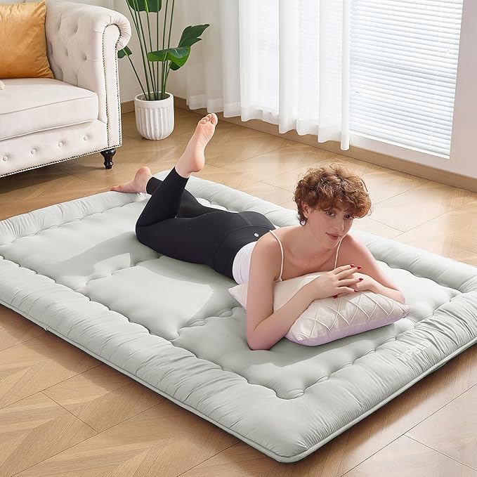 Japanese Floor Futon Mattress Queen Size, 4" Thicken Foldable Mattress Tatami Mat Sleeping Pad, 25D Foam Filled Traditional Shiki Futon (shikibuton), Designed in Japan (Light Grey 60"x 80")