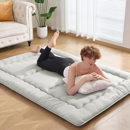 Japanese Floor Futon Mattress Queen Size, 4" Thicken Foldable Mattress Tatami Mat Sleeping Pad, 25D Foam Filled Traditional Shiki Futon (shikibuton), Designed in Japan (Light Grey 60"x 80")