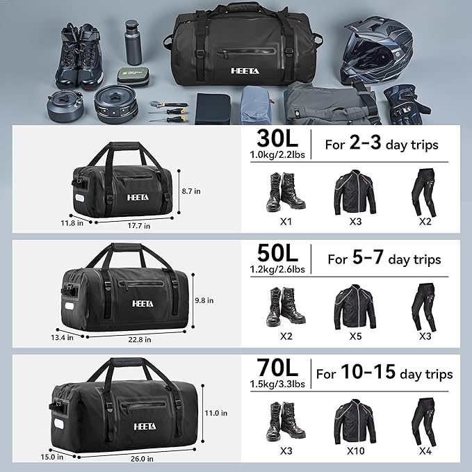 HEETA Waterproof Motorcycle Dry Bag, Waterproof Duffel Luggage Travel Bags with Zippered Closure & Pocket, Shoulder Straps, Large Space for Motorcycling Camping Commuting Boating (Black, 50L)