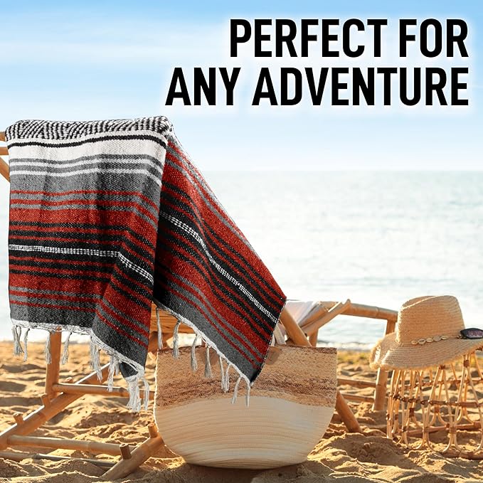 Hydration Nation Authentic Extra Large Mexican Blanket (70"x50") - Handwoven Yoga, Serape - Artisanal Falsa, Beach, Camping, Picnic, Outdoor(Orange)