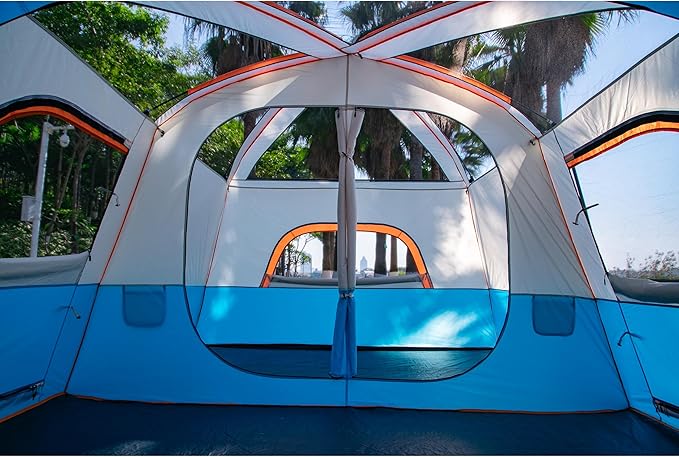 KTT Extra Large Tent 6-10-12-14 Person(B),Family Cabin Tents,2 Rooms,3 Doors and 3 Windows with Mesh,Straight Wall,Waterproof,Double Layer,Big Tent for Outdoor,Picnic,Camping,Family Gathering