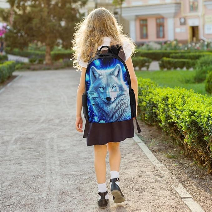 Men Women Polyester White Galaxy Wolf With Blue Rose Daypack Backpack Large Capacity Carry On Bag With Smooth Zippers for Hiking Picnic Walking Cycling