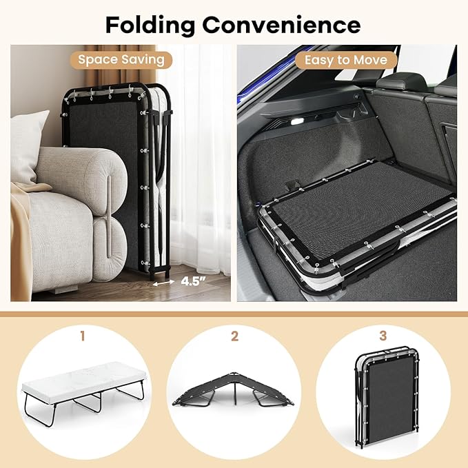Giantex Folding Bed with Mattress, 75" x 31" Rollaway Guest Bed with Memory Foam & Heavy-Duty Metal Frame, Space-Saving Fold up Beds, Cot Size Portable Roll Away Beds for Adults