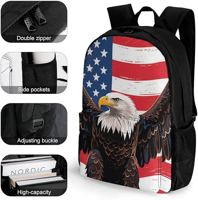Rucksack Anti-Theft Multipurpose Large Capacity Carry On Bag, American Flag Eagle Art Travel Hiking Bag Day Pack With Side Pockets