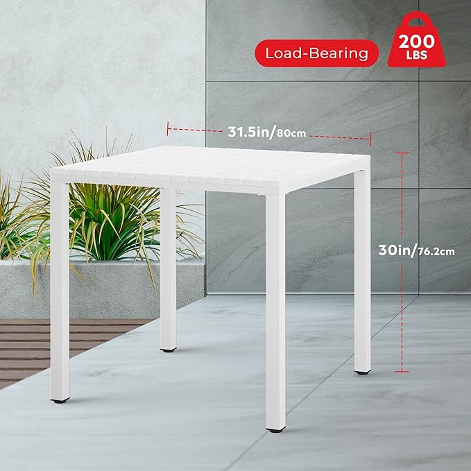 Costaelm Outdoor Dining Table for 4, Square Metal Patio Table, 4-Person Weather Resistant Steel Slat Table for Lawn Garden Backyard, White