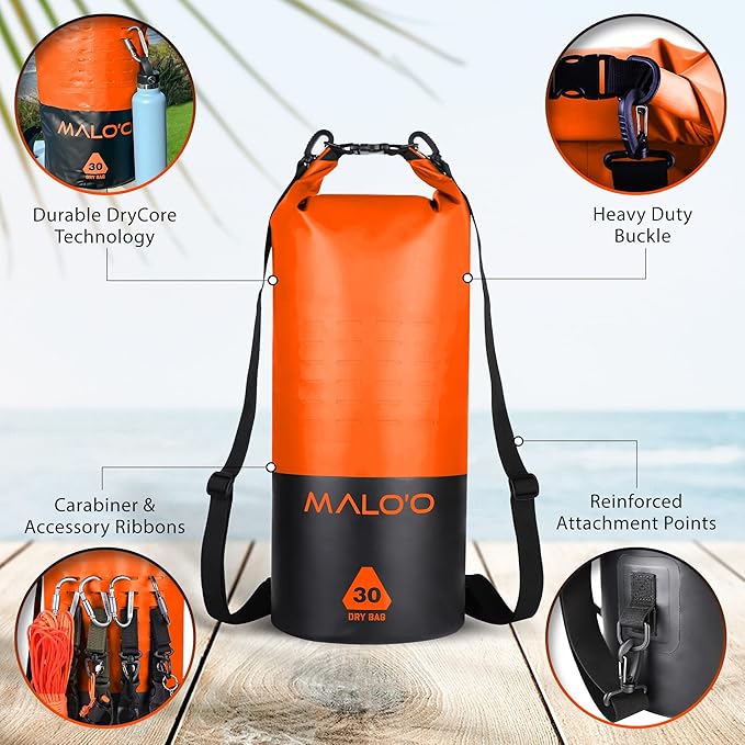 Malo’o DryPack 30L Waterproof Kayak Dry Bag, Heavy Duty Roll-Top Dry Bag with MOLLE Grid and Carry Straps for Fishing, Paddle Boarding, Boating, Camping, and Travel, Orange