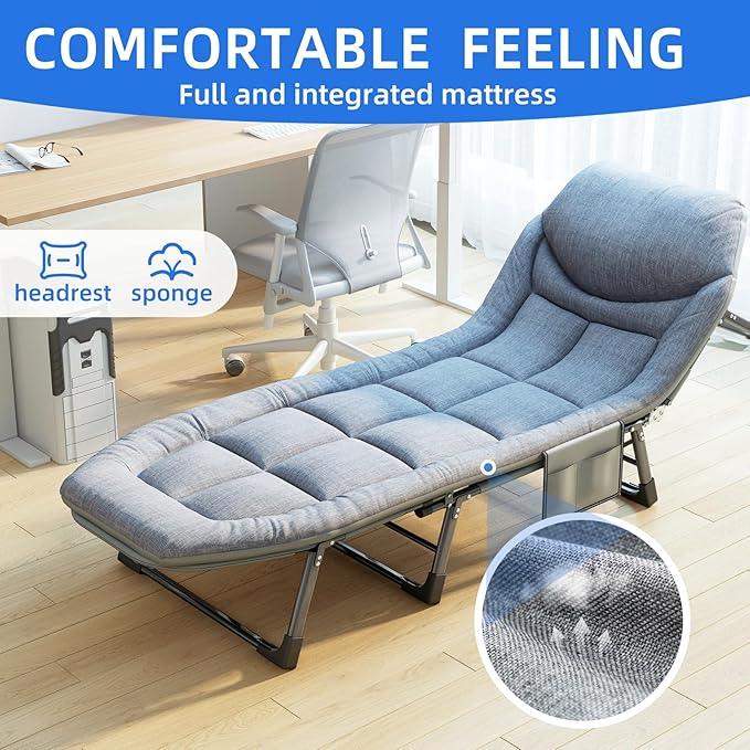 Camping Cot with Mattress, No Assembly Required Heavy Duty Folding Camping Cot for Adults, 550 Lbs Capacity Adjustable Portable Sleeping Bed for Indoor, Outdoor & Patio Use (L''70)