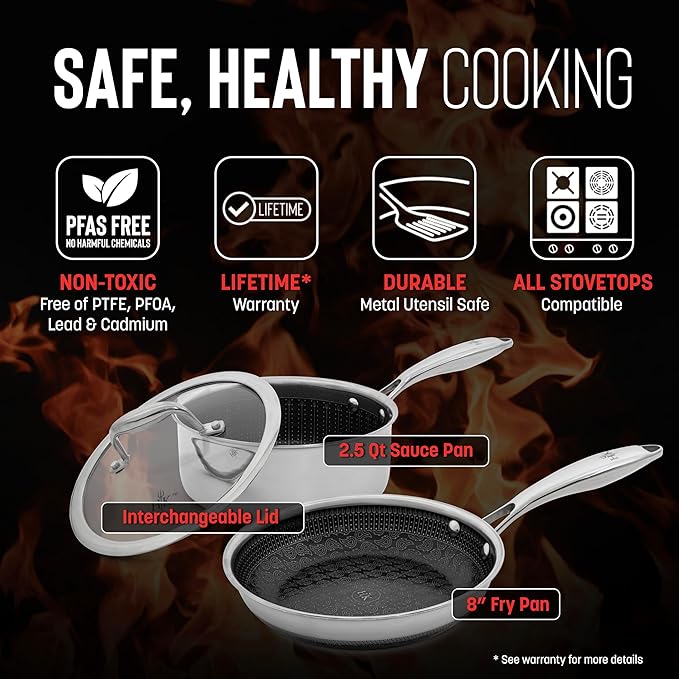 Hell's Kitchen Hybrid 3 Piece Set, 8-inch Frying Pan, 2.5 Qt Saucepan and Tempered Glass Lids, Tri-Clad Stainless Steel and PFAS-Free Ceramic Nonstick, Metal Utensil Safe, All Cooktops, Oven Safe