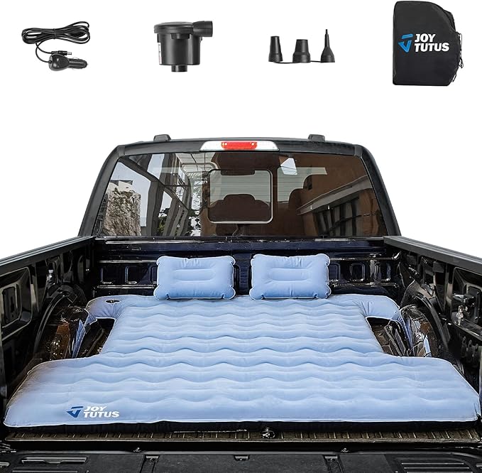 JOYTUTUS Upgraded Light Version Truck Bed Air Mattress for Camping, Thicken Inflatable Mattress for 6.4-6.7Ft Full Size Regular Bed,with Built-in Cup Holder&2 Inflatable Pillow,Grey Blue