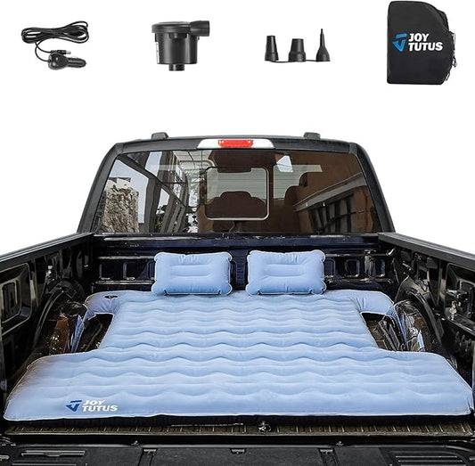 JOYTUTUS Upgraded Light Version Truck Bed Air Mattress for Camping, Thicken Inflatable Mattress for 6.4-6.7Ft Full Size Regular Bed,with Built-in Cup Holder&2 Inflatable Pillow,Grey Blue