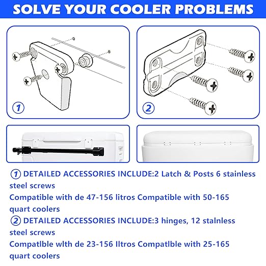 Cooler Hinge and Latch and Screws Kit, High Strength Cooler Latch Replacement Parts. Ice Chest Plastic Hinges, Latch Posts, and Screws, The Best Option for Repairing and Replacing Cooler Parts.