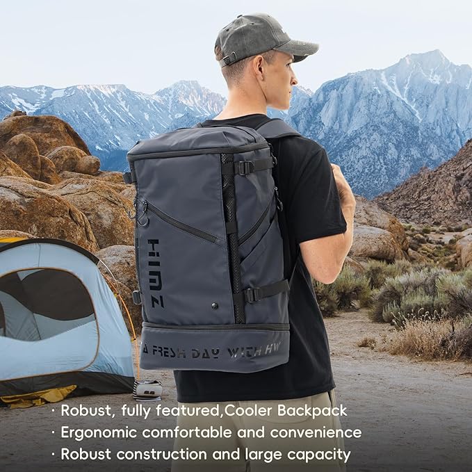 Waterproof Camping Backpack with Lunch Compartment, Mens Backpack Insulated for Work, 17 inch Laptop Bag, Carry On Backpacks for Airplane Beach Travel, Blue