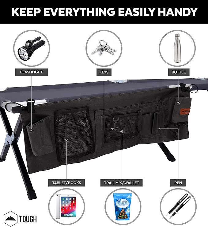 Tough Outdoors Camping Cot for Adults - Oversized Camping Cot - Durable Heavy Duty Military Bed - Elevated Foldable Cot & Camp Cots for Adults - XL Cot up to 300 lbs - w/Organizer & Storage Bag