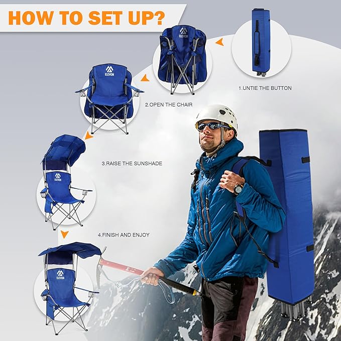 Elevon Camping Chair, Oversized Folding Chair with Canopy, Portable Outdoor Chair with Arms, Cup Holder and Carry Bag for Camping, Fishing, Beach, and Sports, Sky Blue