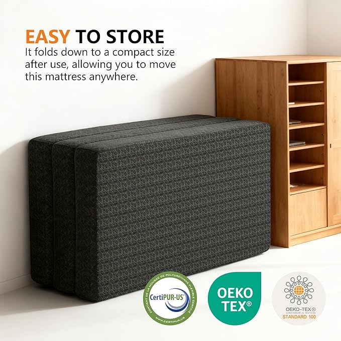 4 Inch Gel Memory Foam Mattress Single Size, Portable Tri-Folding Mattress with Washable Cover, for Guest Bed, Camping, Travel, Dormitory, Black