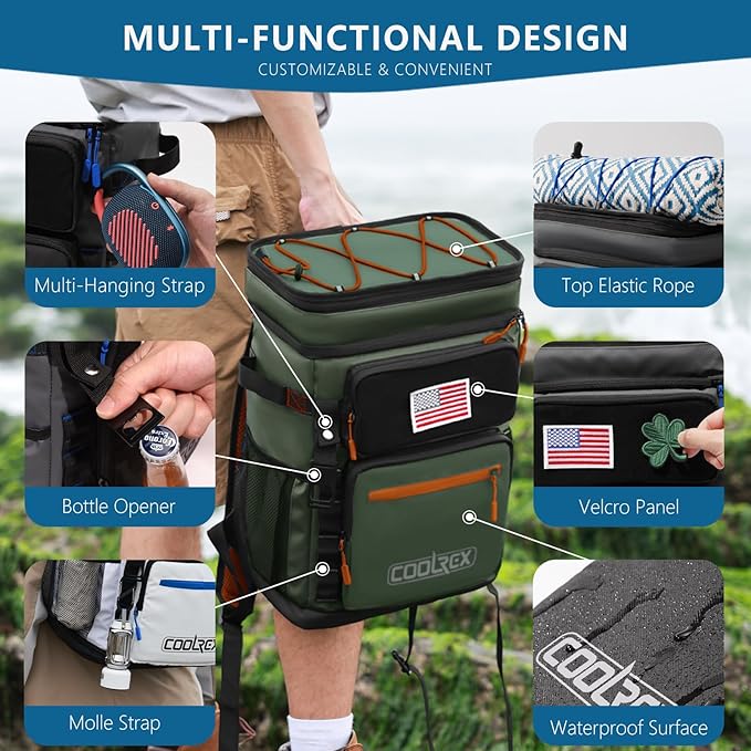Large Backpack Cooler 36 Can Cooler Backpack with 2 Insulated Compartments Leak Proof Waterproof Travel Backpack, Camping Beach Picnic Lunch Thermal Bag for Women and Men (Green)